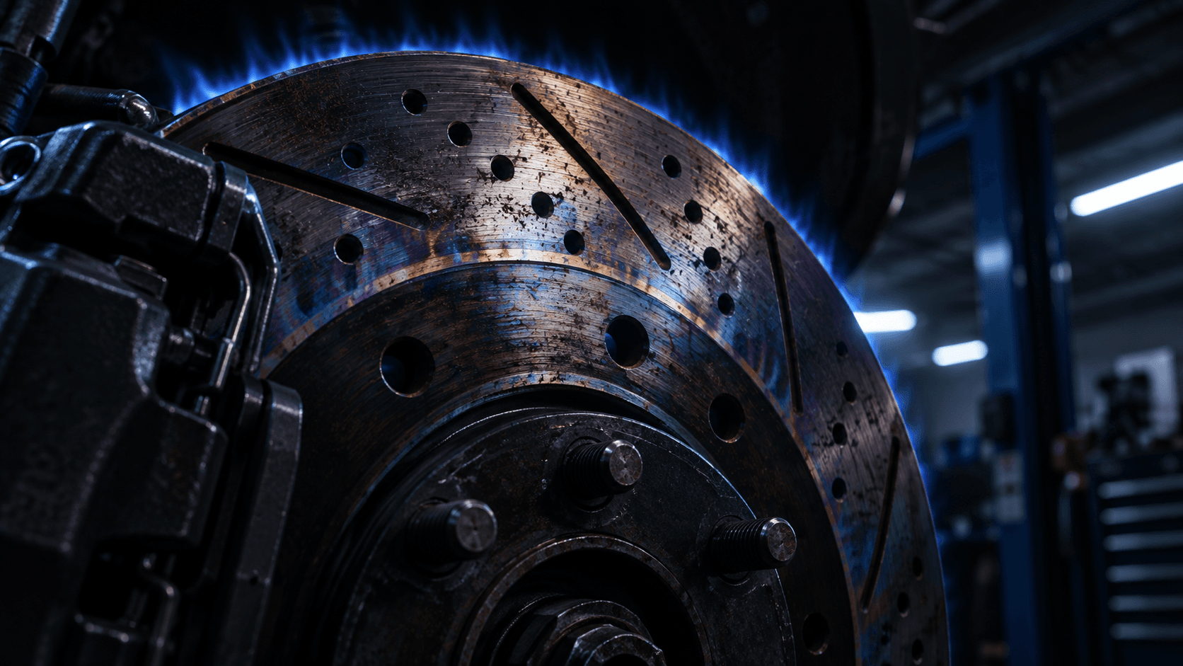 Close-up of a brake rotor inside a modern auto shop