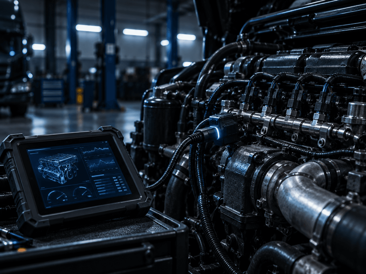 Commercial diesel engine diagnostics and maintenance in a professional repair shop