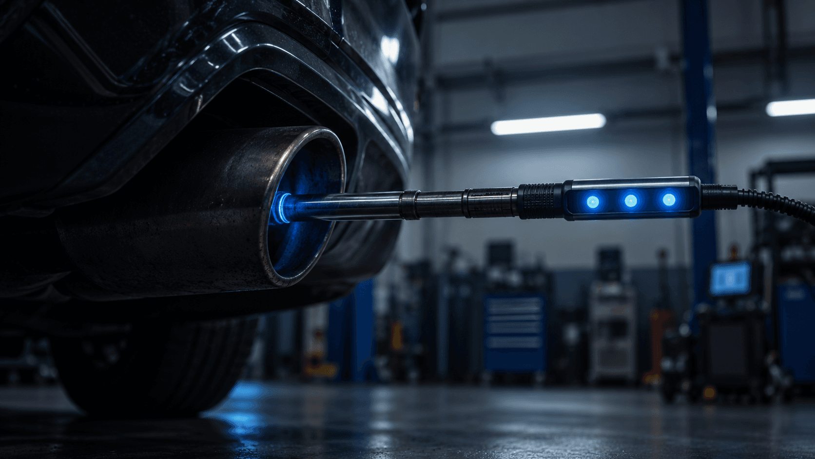 Check engine light and emissions diagnostics in a futuristic auto repair environment