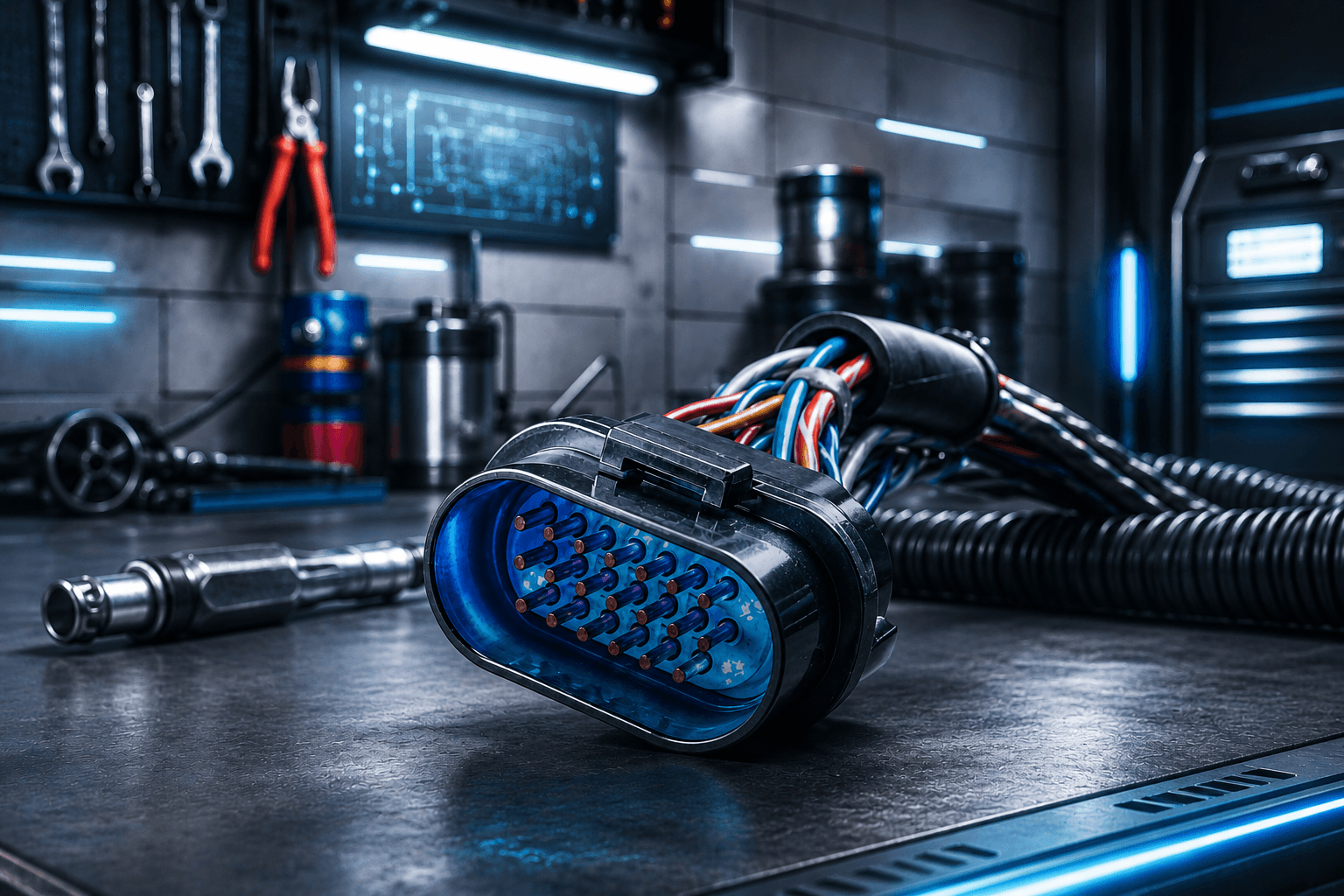 Engine diagnostics tools and wiring inside an auto repair shop